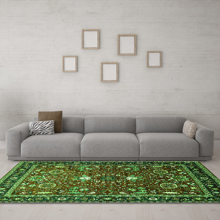 Machine Washable Oriental Green Industrial Area Rugs in a Living Room,, wshurb1491grn