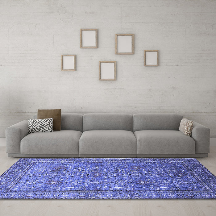 Machine Washable Oriental Blue Industrial Rug in a Living Room, wshurb1492blu