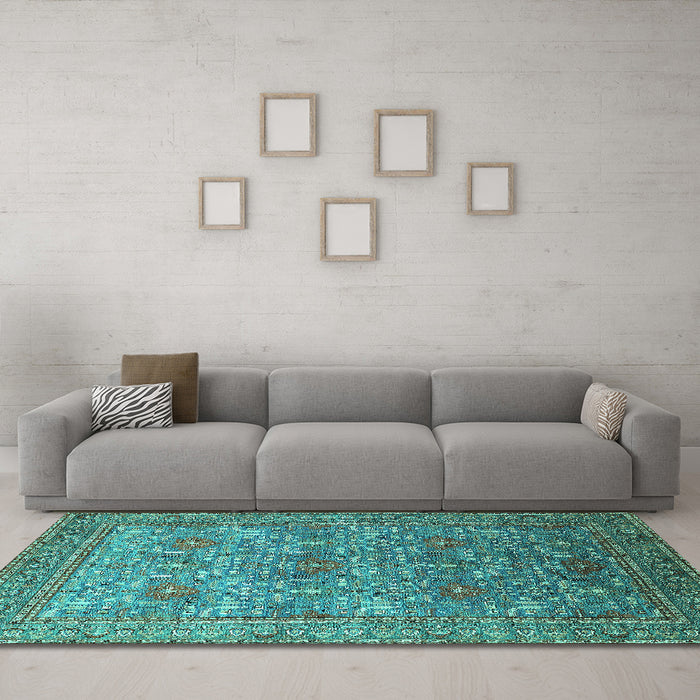 Machine Washable Oriental Turquoise Industrial Area Rugs in a Living Room,, wshurb1492turq