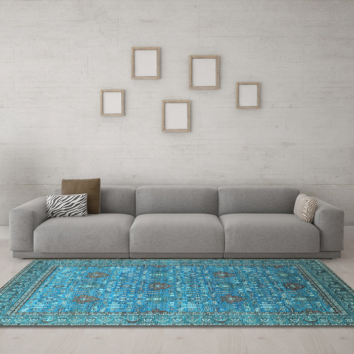 Machine Washable Oriental Light Blue Industrial Rug in a Living Room, wshurb1492lblu