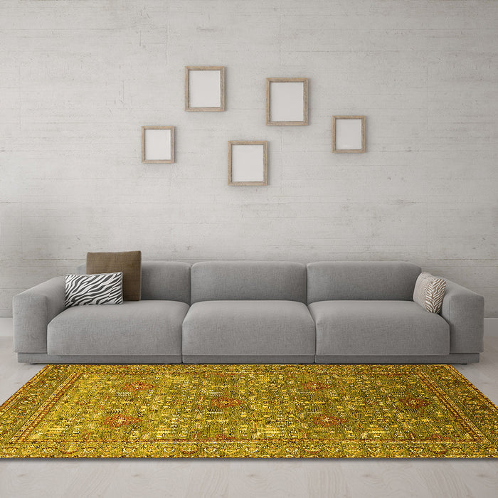Machine Washable Oriental Yellow Industrial Rug in a Living Room, wshurb1492yw