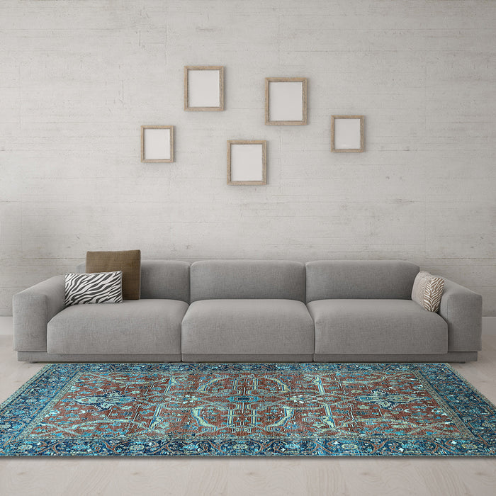 Machine Washable Oriental Light Blue Industrial Rug in a Living Room, wshurb1493lblu