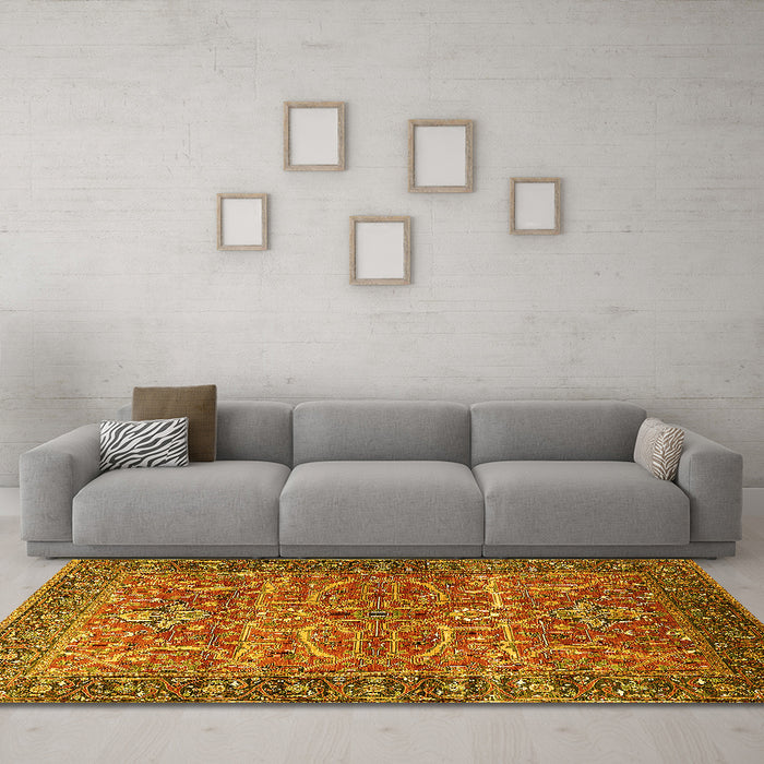 Machine Washable Oriental Yellow Industrial Rug in a Living Room, wshurb1493yw
