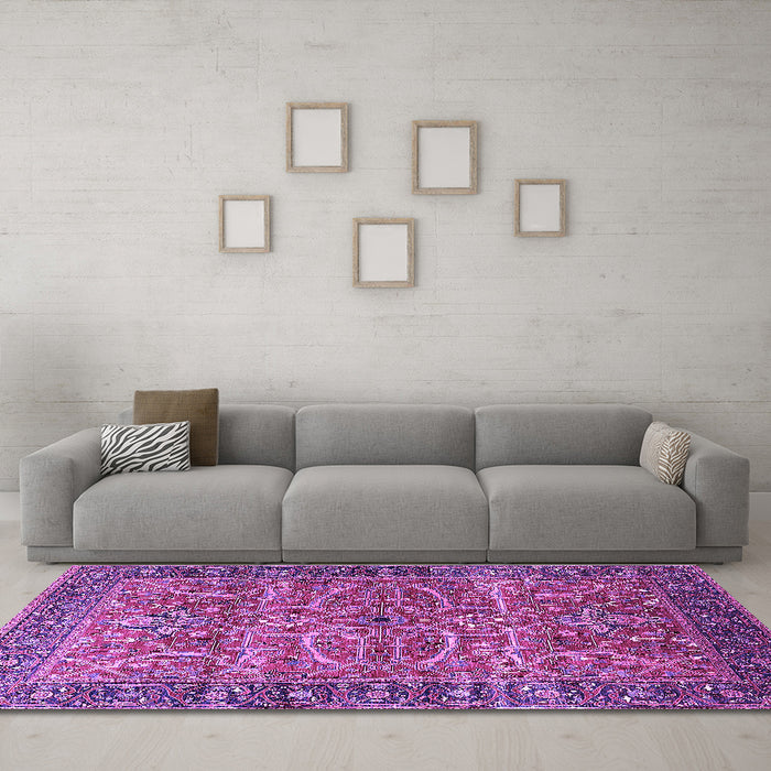Machine Washable Oriental Purple Industrial Area Rugs in a Living Room, wshurb1493pur