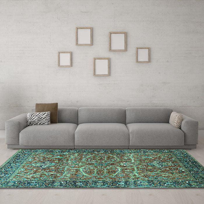 Machine Washable Oriental Turquoise Industrial Area Rugs in a Living Room,, wshurb1493turq