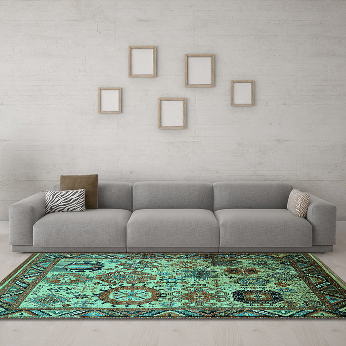 Machine Washable Oriental Turquoise Industrial Area Rugs in a Living Room,, wshurb1494turq