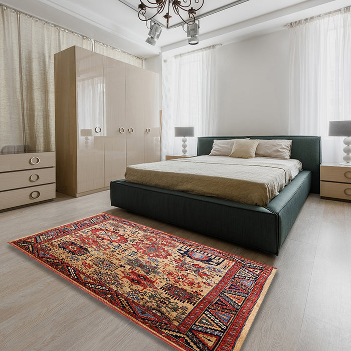 Mid-Century Modern Light Copper Gold Oriental Rug in a Bedroom, urb1494