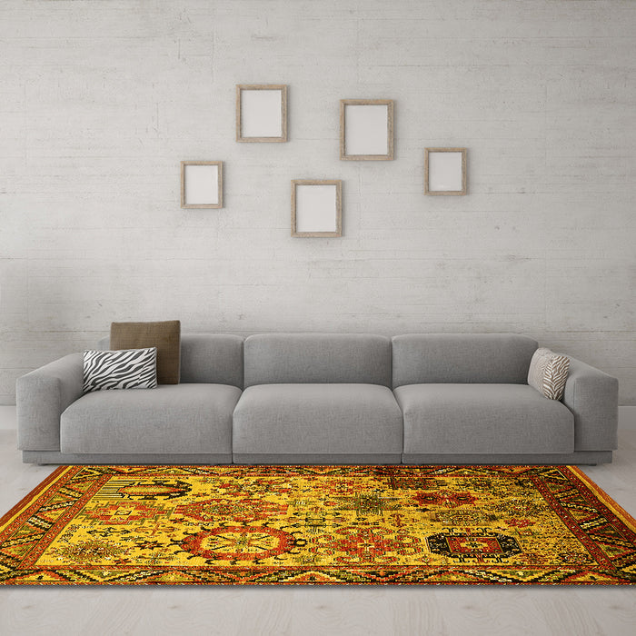 Machine Washable Oriental Yellow Industrial Rug in a Living Room, wshurb1494yw