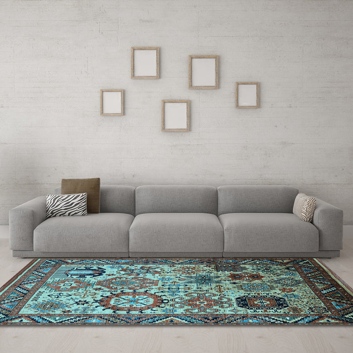 Machine Washable Oriental Light Blue Industrial Rug in a Living Room, wshurb1494lblu