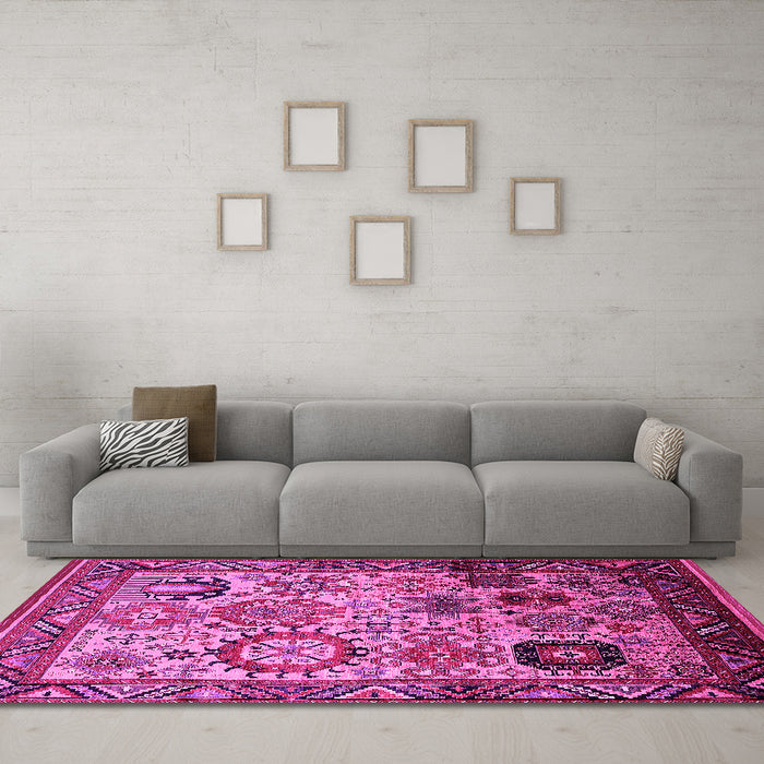 Machine Washable Oriental Pink Industrial Rug in a Living Room, wshurb1494pnk