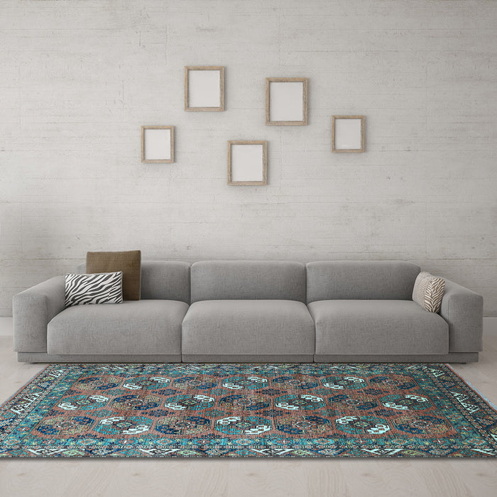 Machine Washable Oriental Light Blue Industrial Rug in a Living Room, wshurb1496lblu