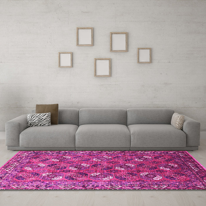 Machine Washable Oriental Pink Industrial Rug in a Living Room, wshurb1496pnk
