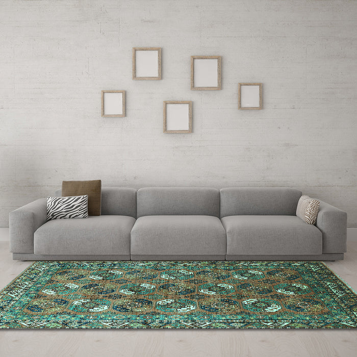 Machine Washable Oriental Turquoise Industrial Area Rugs in a Living Room,, wshurb1496turq