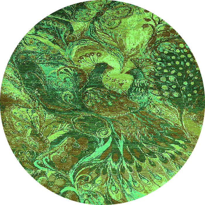 Round Machine Washable Oriental Green Industrial Area Rugs, wshurb1497grn