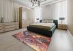 Mid-Century Modern Khaki Rose Pink Oriental Rug in a Bedroom, urb1497