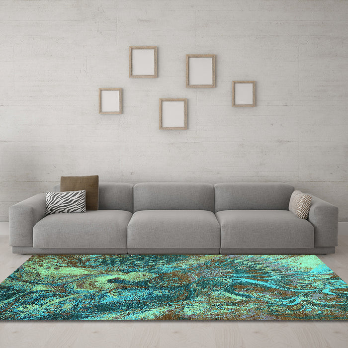 Machine Washable Oriental Turquoise Industrial Area Rugs in a Living Room,, wshurb1497turq