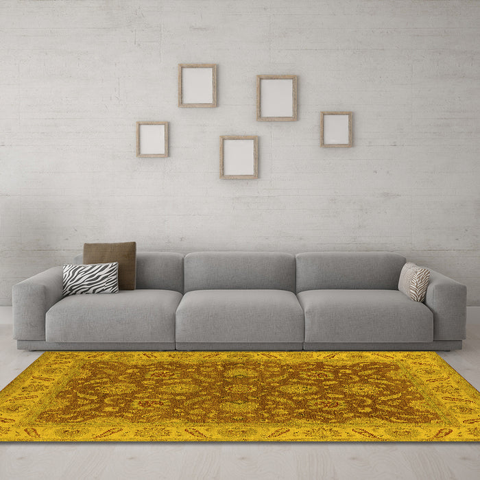 Machine Washable Oriental Yellow Industrial Rug in a Living Room, wshurb1498yw