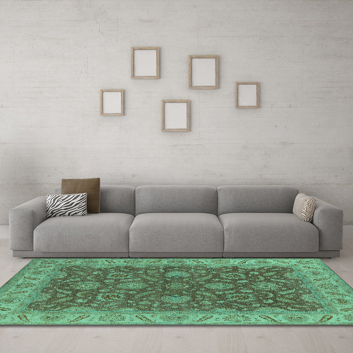 Machine Washable Oriental Turquoise Industrial Area Rugs in a Living Room,, wshurb1498turq