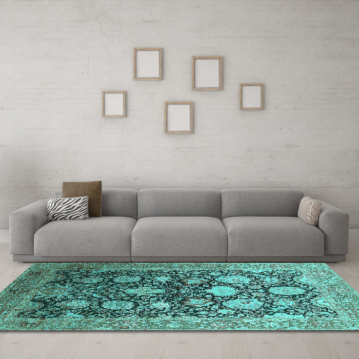 Machine Washable Oriental Turquoise Industrial Area Rugs in a Living Room,, wshurb1512turq