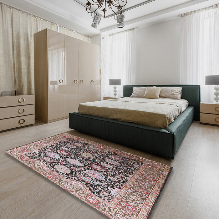 Mid-Century Modern Silver Pink Oriental Rug in a Bedroom, urb1512