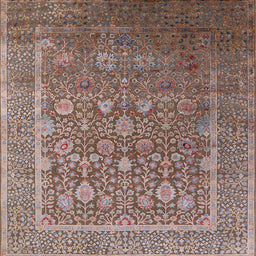 Square Mid-Century Modern Khaki Rose Pink Oriental Rug, urb1513