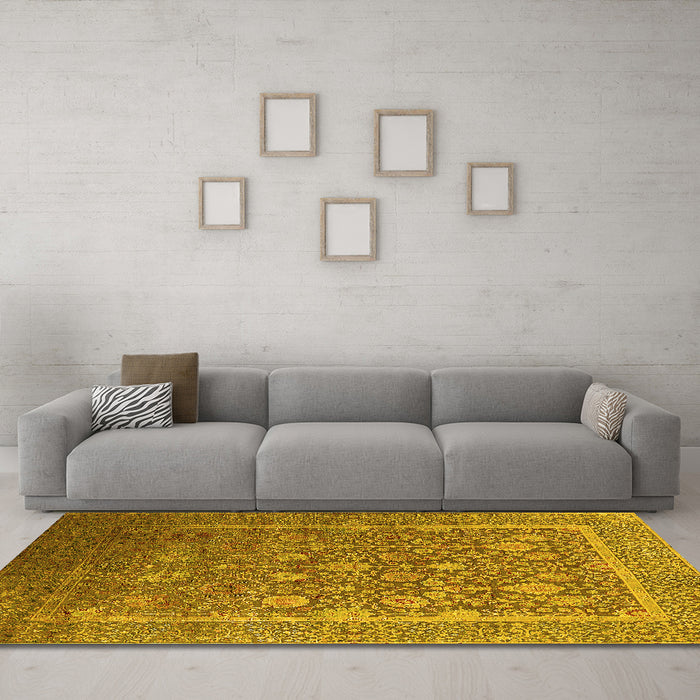 Machine Washable Oriental Yellow Industrial Rug in a Living Room, wshurb1513yw