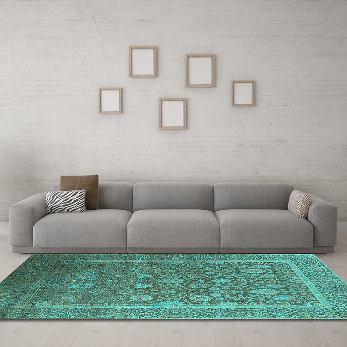 Machine Washable Oriental Turquoise Industrial Area Rugs in a Living Room,, wshurb1513turq