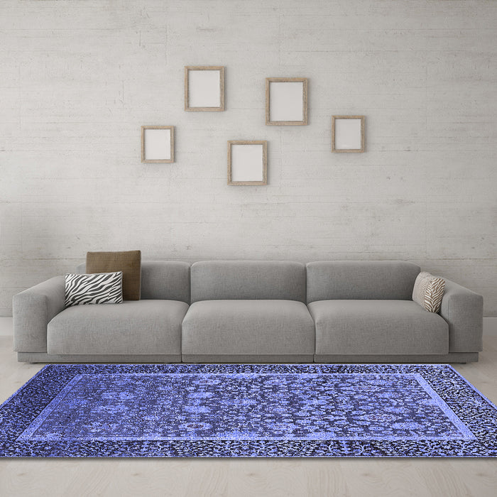 Machine Washable Oriental Blue Industrial Rug in a Living Room, wshurb1514blu