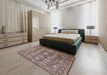 Mid-Century Modern Khaki Rose Pink Oriental Rug in a Bedroom, urb1515