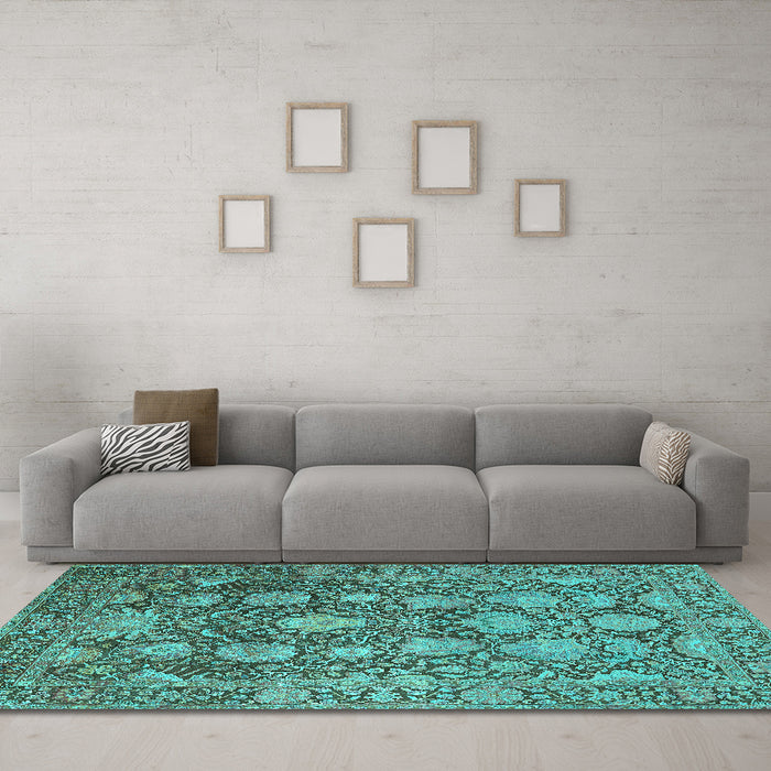 Machine Washable Oriental Turquoise Industrial Area Rugs in a Living Room,, wshurb1515turq