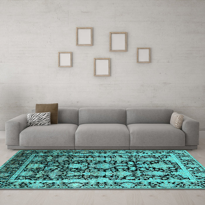 Machine Washable Oriental Turquoise Industrial Area Rugs in a Living Room,, wshurb1516turq