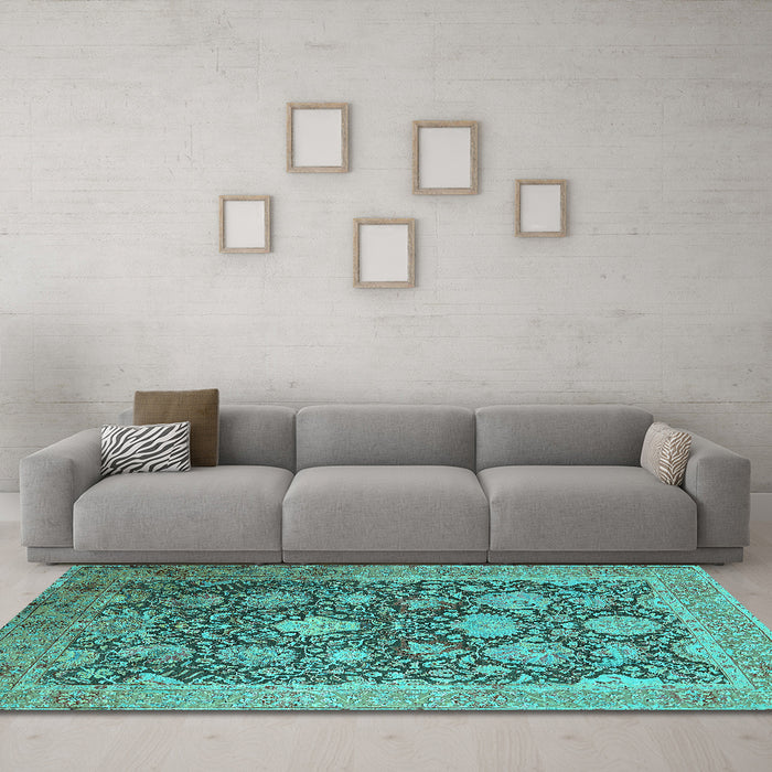 Machine Washable Oriental Turquoise Industrial Area Rugs in a Living Room,, wshurb1517turq