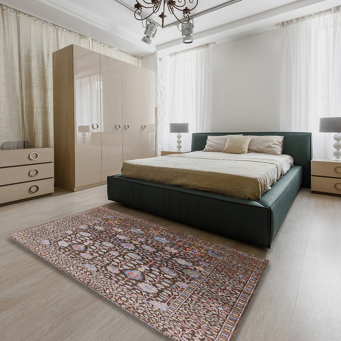 Mid-Century Modern Red Brown Oriental Rug in a Bedroom, urb1518