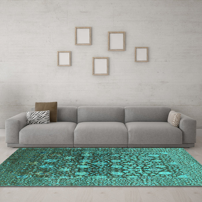 Machine Washable Oriental Turquoise Industrial Area Rugs in a Living Room,, wshurb1518turq