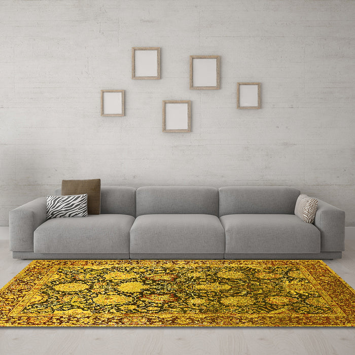Machine Washable Oriental Yellow Industrial Rug in a Living Room, wshurb1519yw
