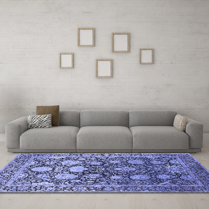 Machine Washable Oriental Blue Industrial Rug in a Living Room, wshurb1519blu