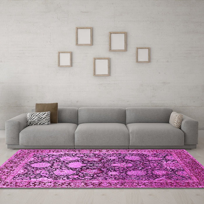 Machine Washable Oriental Pink Industrial Rug in a Living Room, wshurb1519pnk