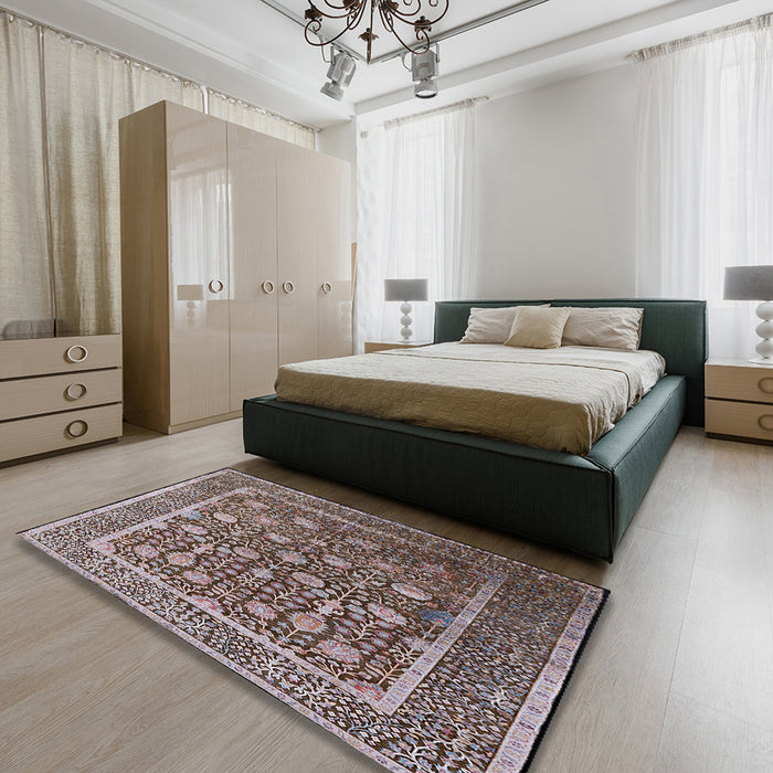 Mid-Century Modern Silver Pink Oriental Rug in a Bedroom, urb1520