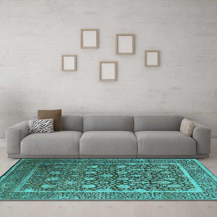 Machine Washable Oriental Turquoise Industrial Area Rugs in a Living Room,, wshurb1520turq