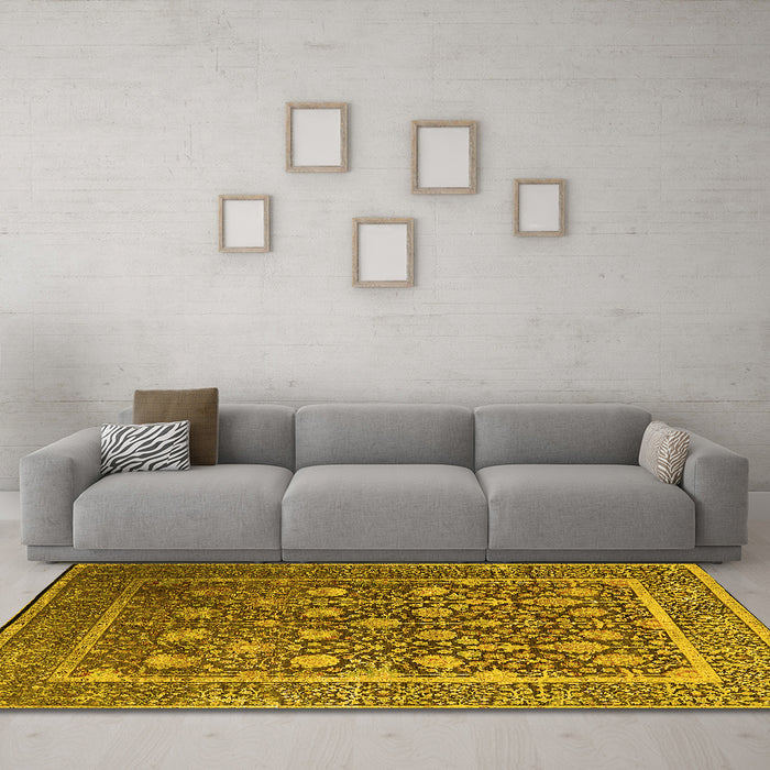 Machine Washable Oriental Yellow Industrial Rug in a Living Room, wshurb1520yw