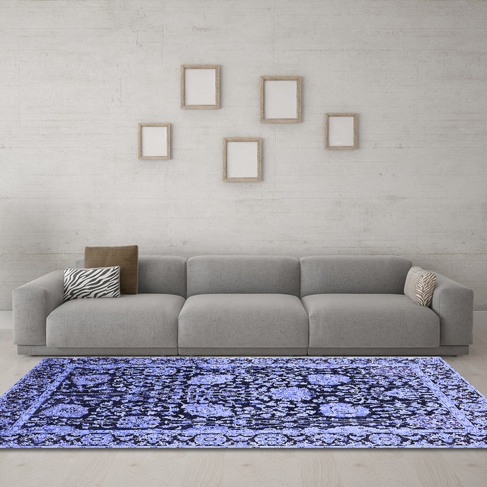 Machine Washable Oriental Blue Industrial Rug in a Living Room, wshurb1521blu