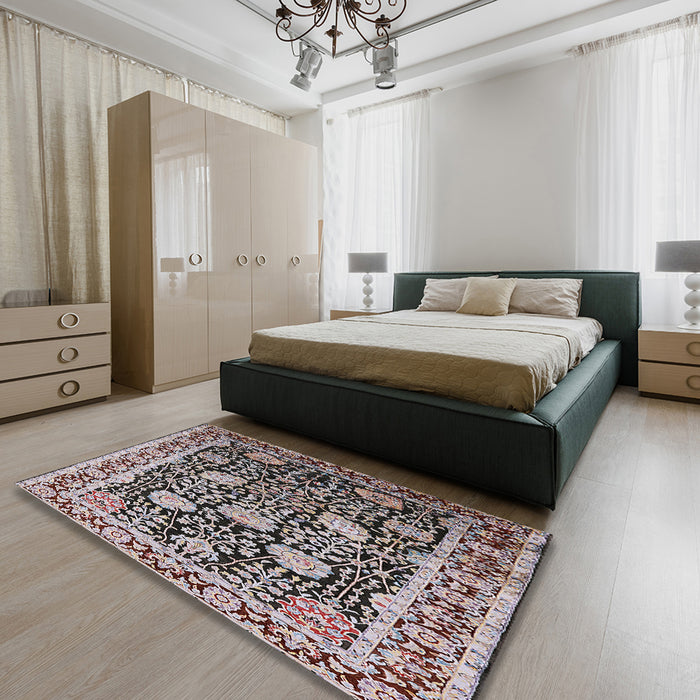 Mid-Century Modern Bakers Brown Oriental Rug in a Bedroom, urb1521