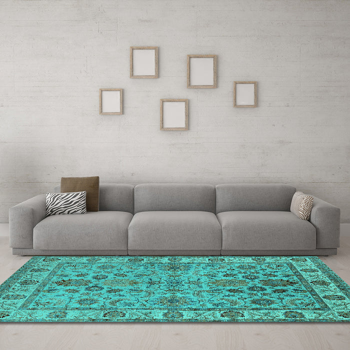 Machine Washable Oriental Turquoise Industrial Area Rugs in a Living Room,, wshurb1523turq