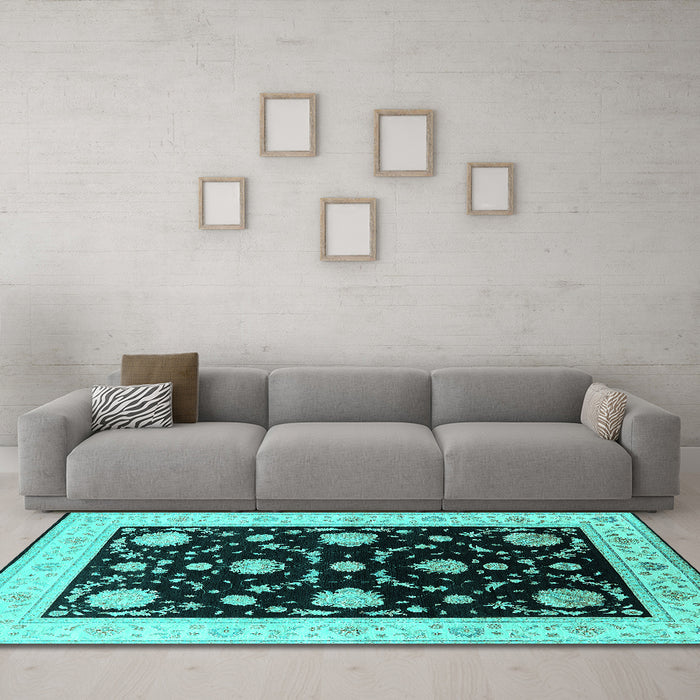 Machine Washable Oriental Turquoise Industrial Area Rugs in a Living Room,, wshurb1524turq