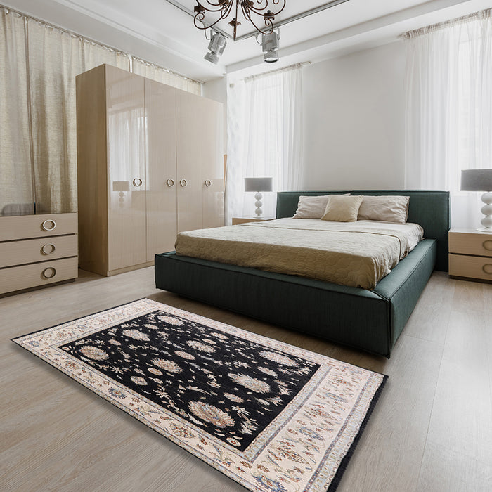 Mid-Century Modern Desert Sand Beige Oriental Rug in a Bedroom, urb1524