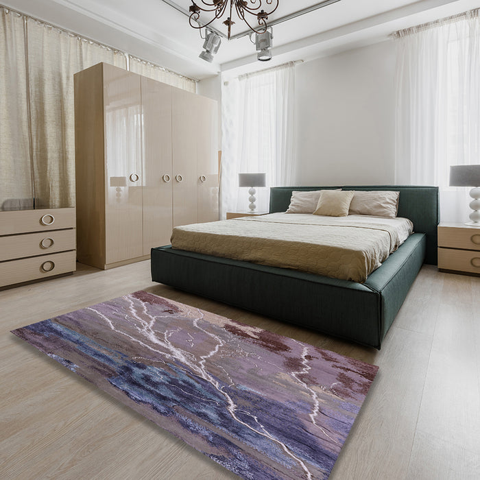 Mid-Century Modern Purple Oriental Rug in a Bedroom, urb1525