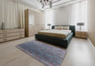 Mid-Century Modern Koi Blue Oriental Rug in a Bedroom, urb1526