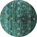 Round Machine Washable Oriental Turquoise Industrial Area Rugs, wshurb1536turq