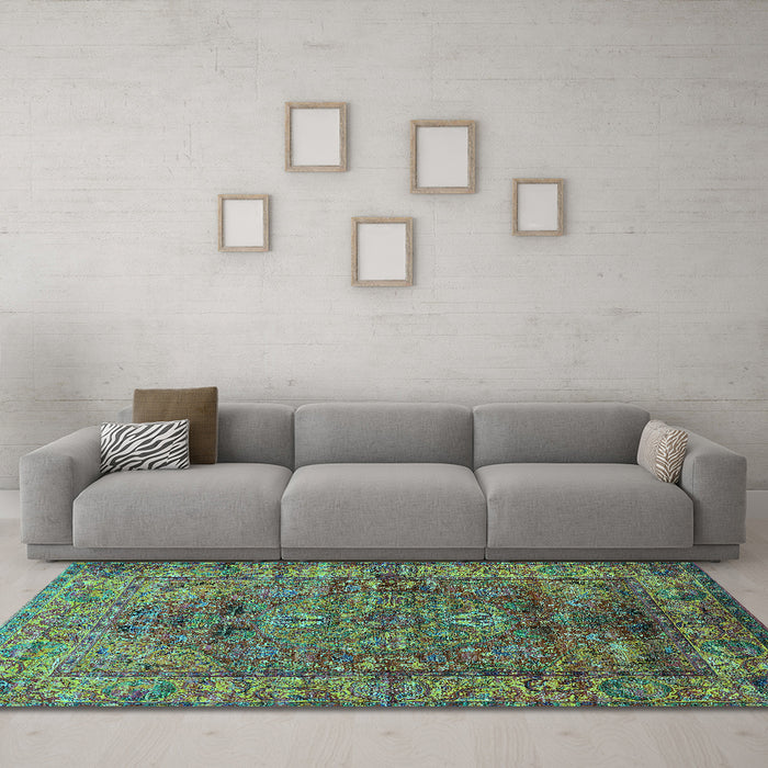 Machine Washable Oriental Turquoise Industrial Area Rugs in a Living Room,, wshurb1537turq