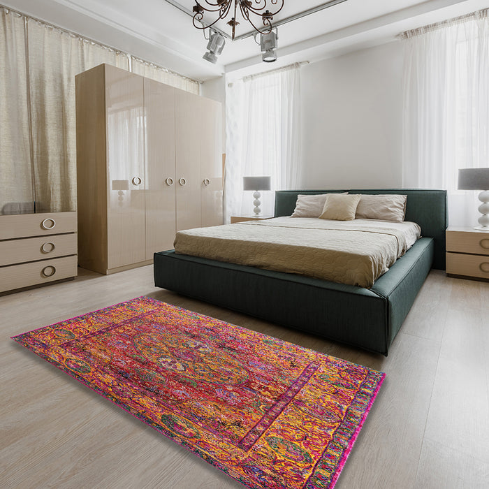 Mid-Century Modern Crimson Red Oriental Rug in a Bedroom, urb1537